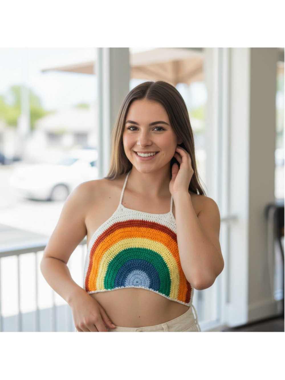Women's SHEIN Rainbow Crochet Halter Crop Top 0XL White NWOT - Picture 2 of 8